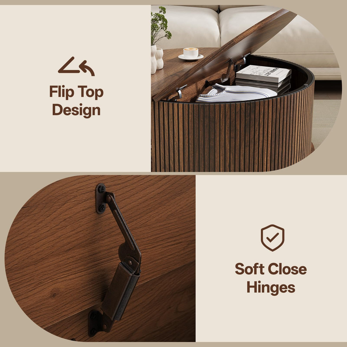 Round Coffee Table with Storage, 31.5", Walnut E1308