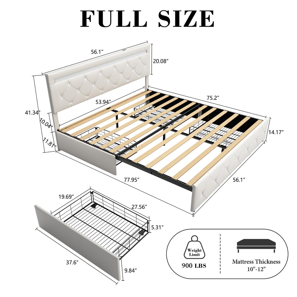Full Size Bed Frame with LED Light and Storage Drawers U251
