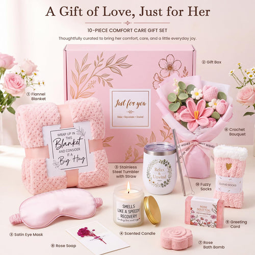 10 PCS Pink Gift Basket with Blanket, Tumbler & Crochet Flowers T620
