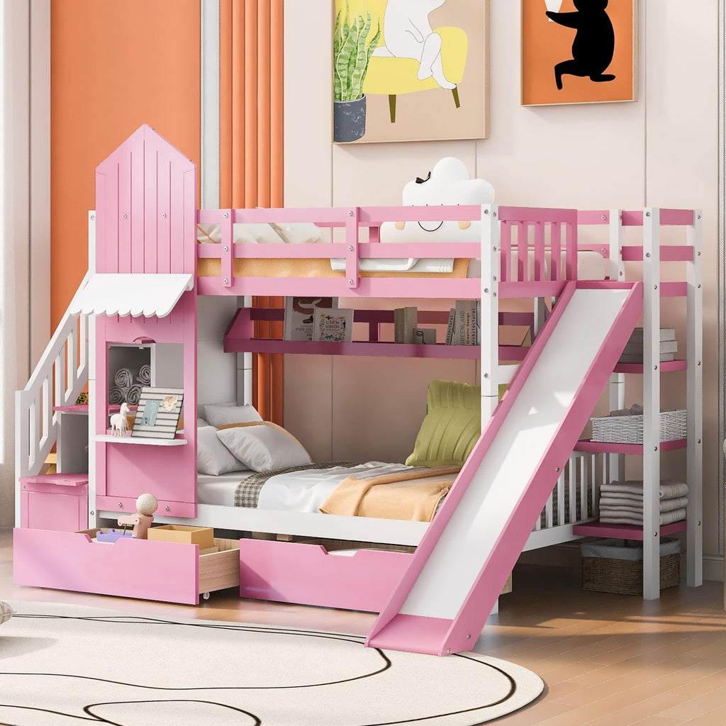 Twin Over Twin Bunk Bed with Slide, 2 Drawers & 3 Shelves V31348