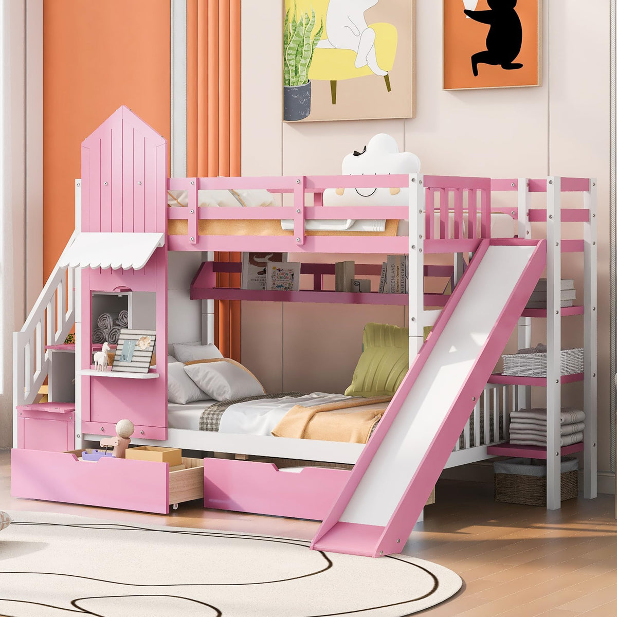 Twin Over Twin Bunk Bed with Slide, 2 Drawers & 3 Shelves V31348