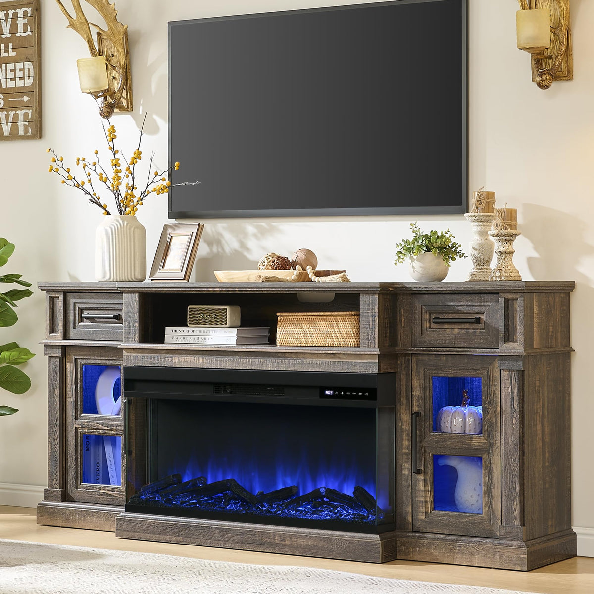 Dark Rustic Oak Fireplace TV Stand with 36 Inch Electric Fireplace X793
