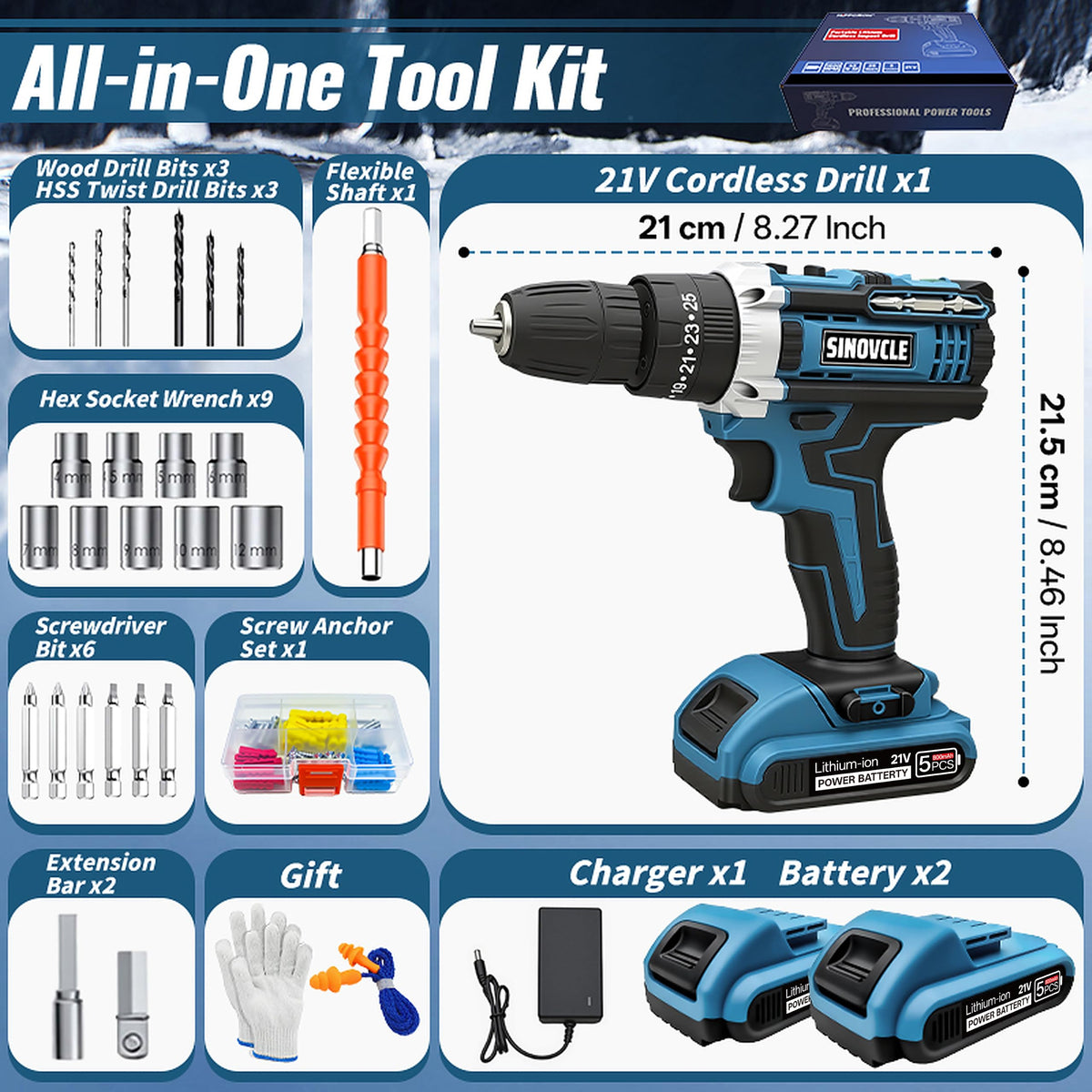21V Cordless Drill, 2 Batteries, 50Nm Torque, 30-Piece Kit F5950