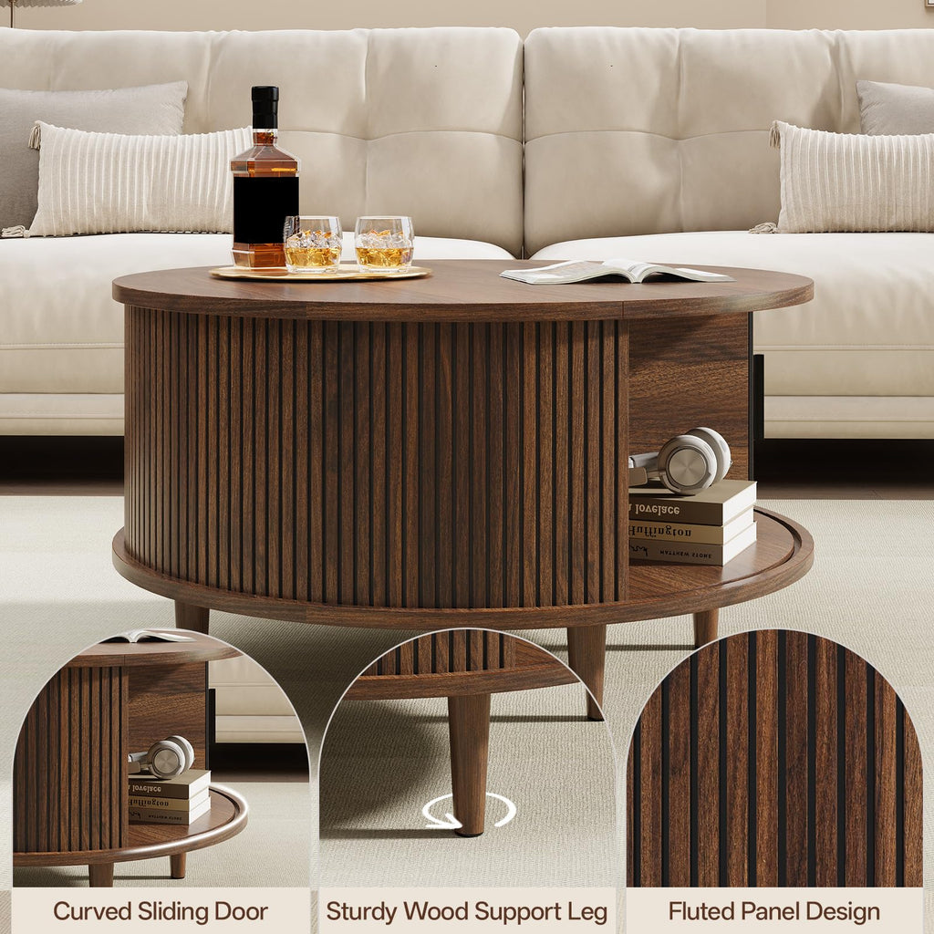 Round Coffee Table with Storage, 31.5", Walnut E1308