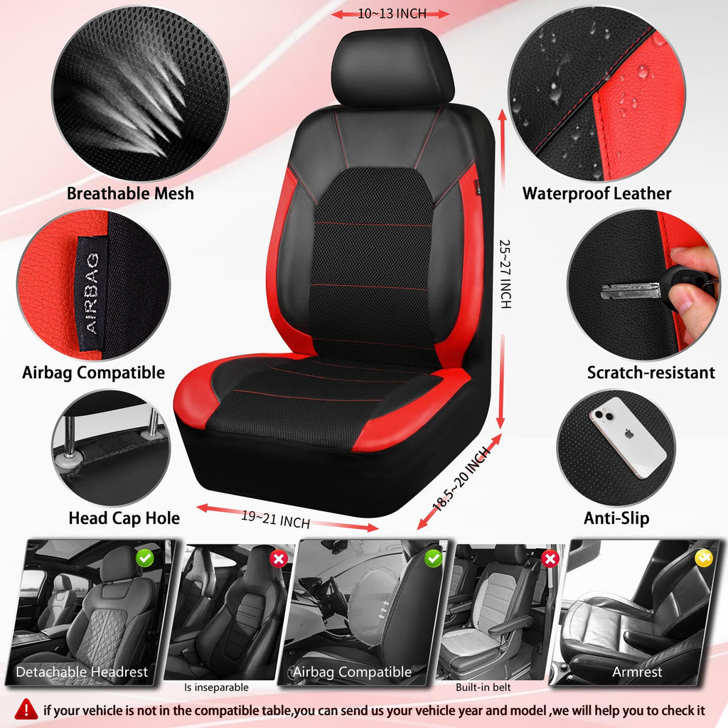 Universal Leather Car Seat Covers Full Set Black Red K65174