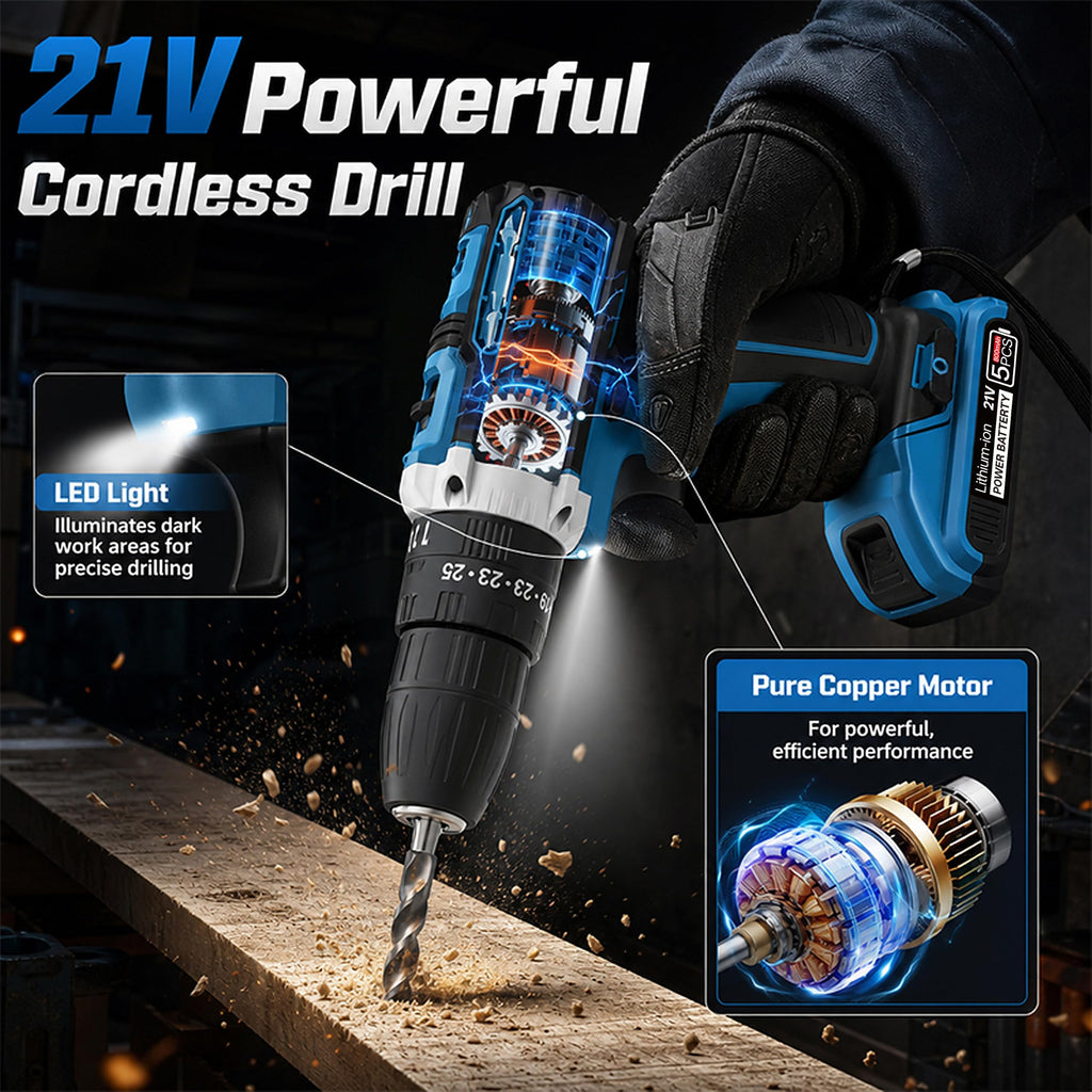 21V Cordless Drill, 2 Batteries, 50Nm Torque, 30-Piece Kit F5950