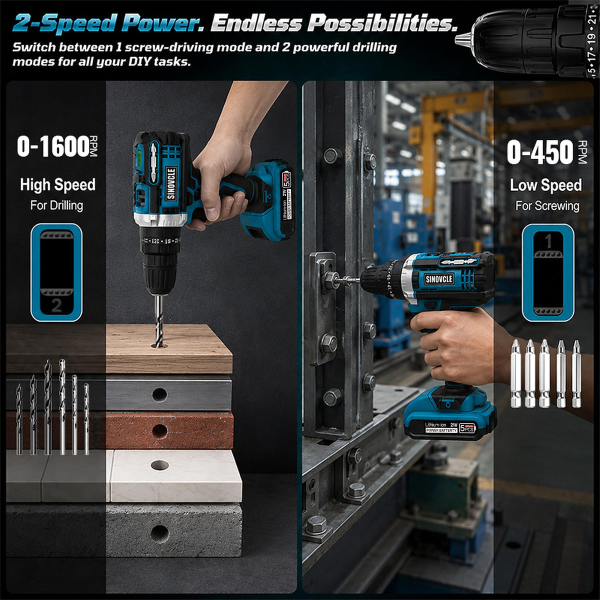 21V Cordless Drill, 2 Batteries, 50Nm Torque, 30-Piece Kit F5950