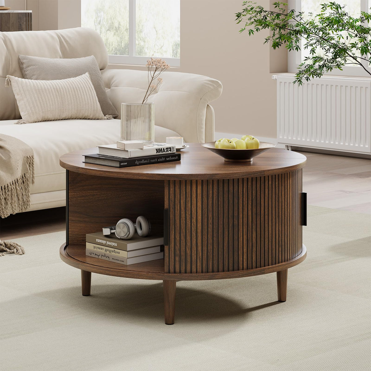 Round Coffee Table with Storage, 31.5", Walnut E1308