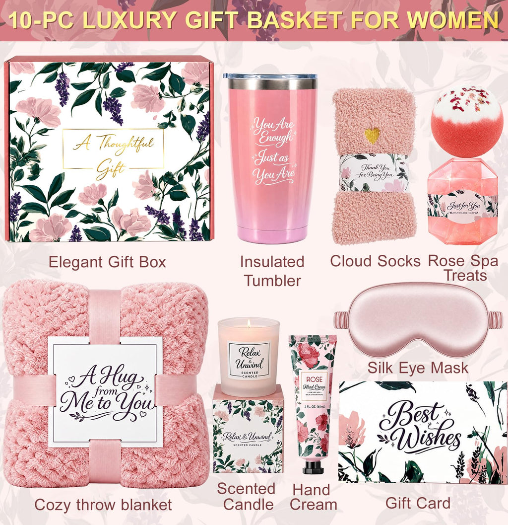 10-Piece Self Care Spa Gift Basket with Throw Blanket and Tumbler I875588