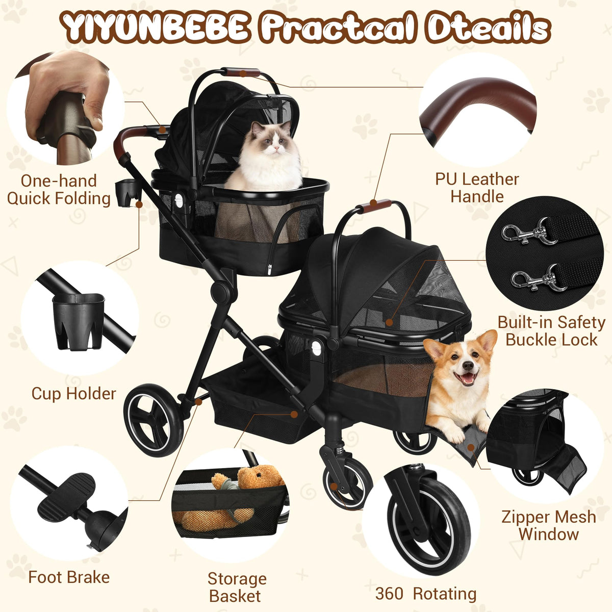 Foldable Double Pet Stroller W9230