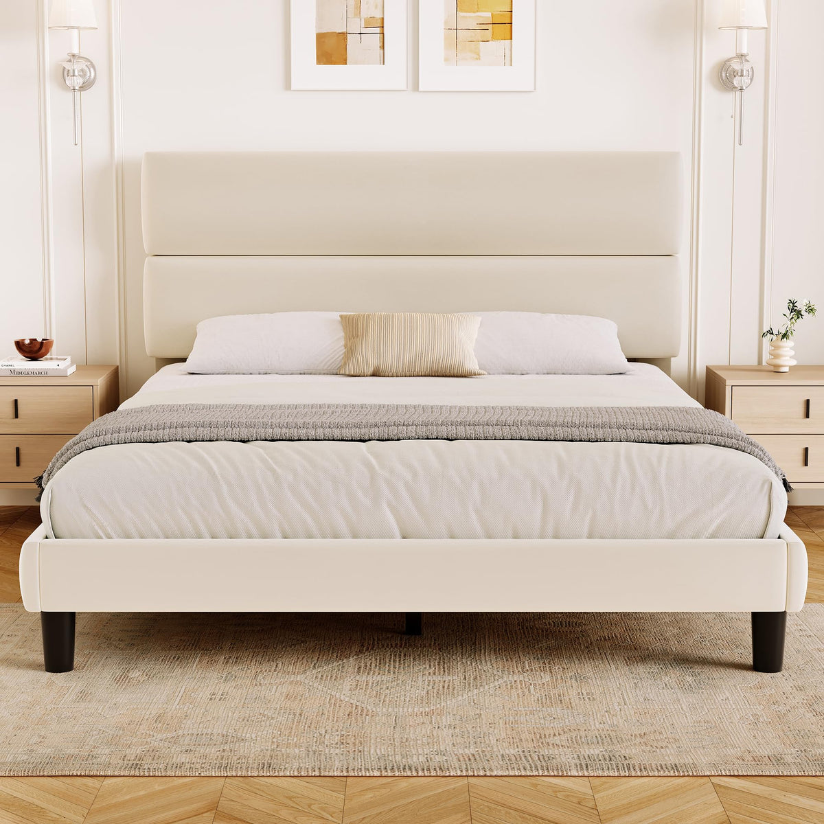 Queen Size Velvet Upholstered Platform Bed Frame X657574