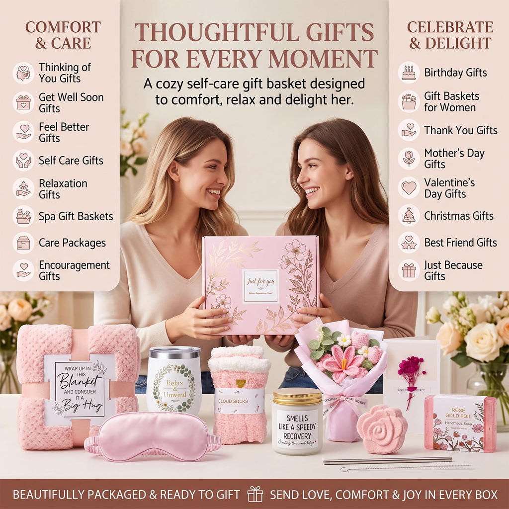 10 PCS Pink Gift Basket with Blanket, Tumbler & Crochet Flowers T620
