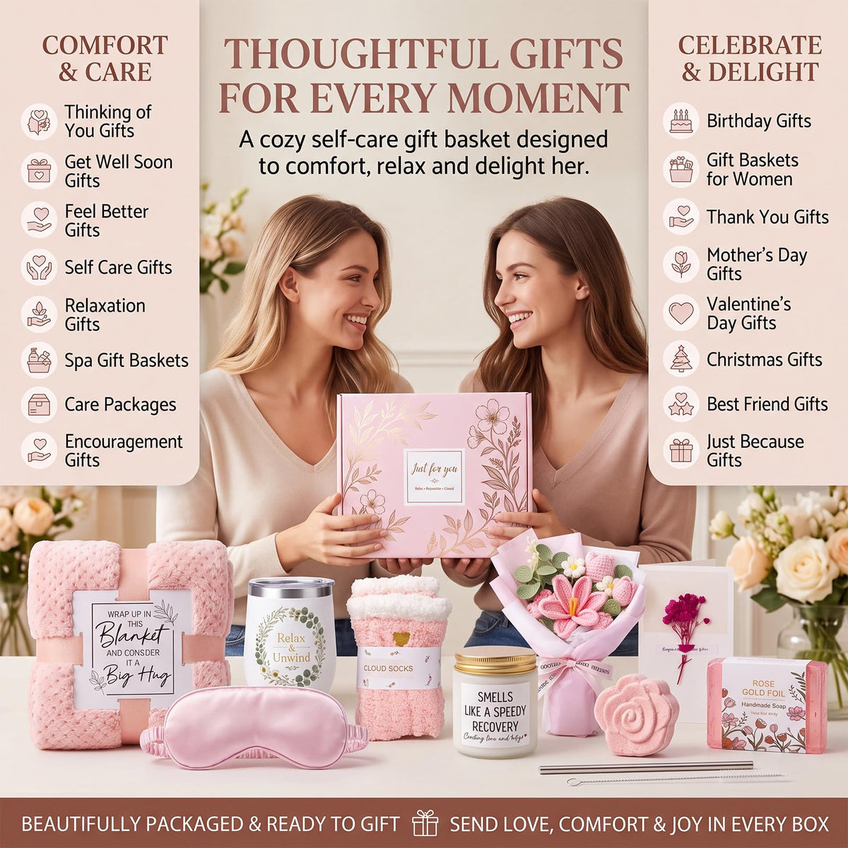 10 PCS Pink Gift Basket with Blanket, Tumbler & Crochet Flowers T620