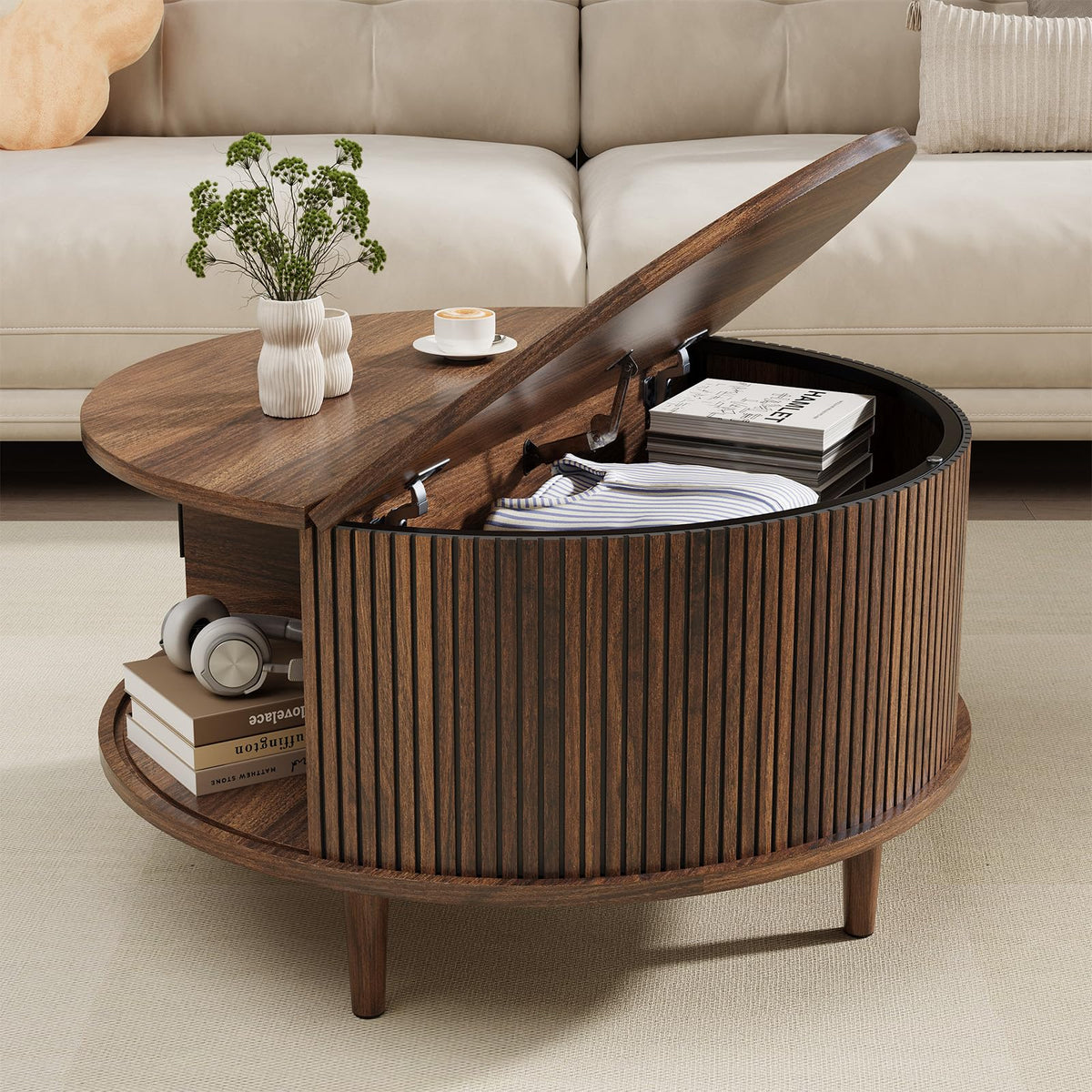 Round Coffee Table with Storage, 31.5", Walnut E1308
