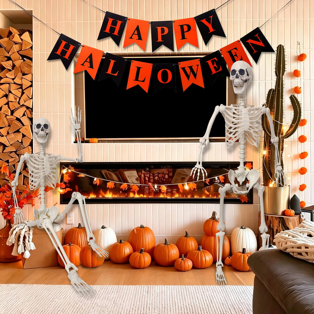 Life Size Poseable Plastic Skeleton with Banner K46741