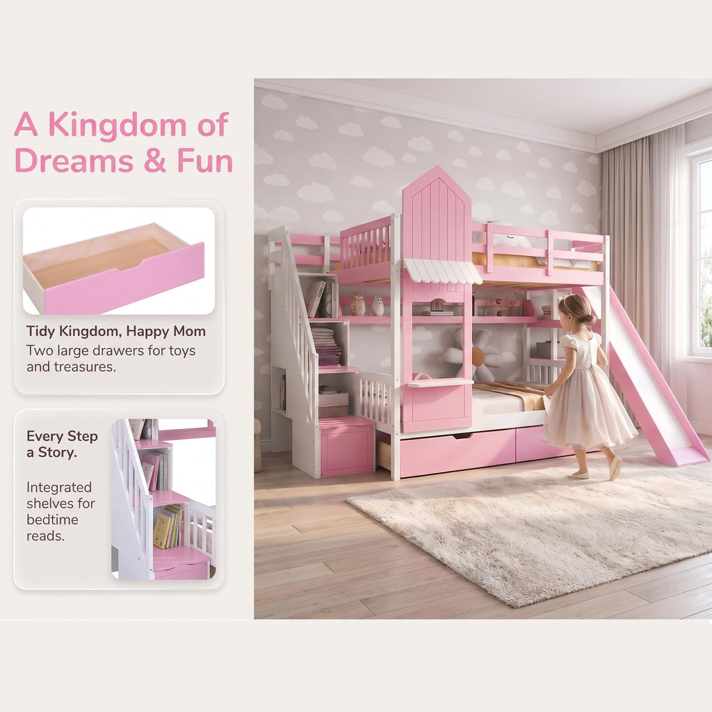 Twin Over Twin Bunk Bed with Slide, 2 Drawers & 3 Shelves V31348