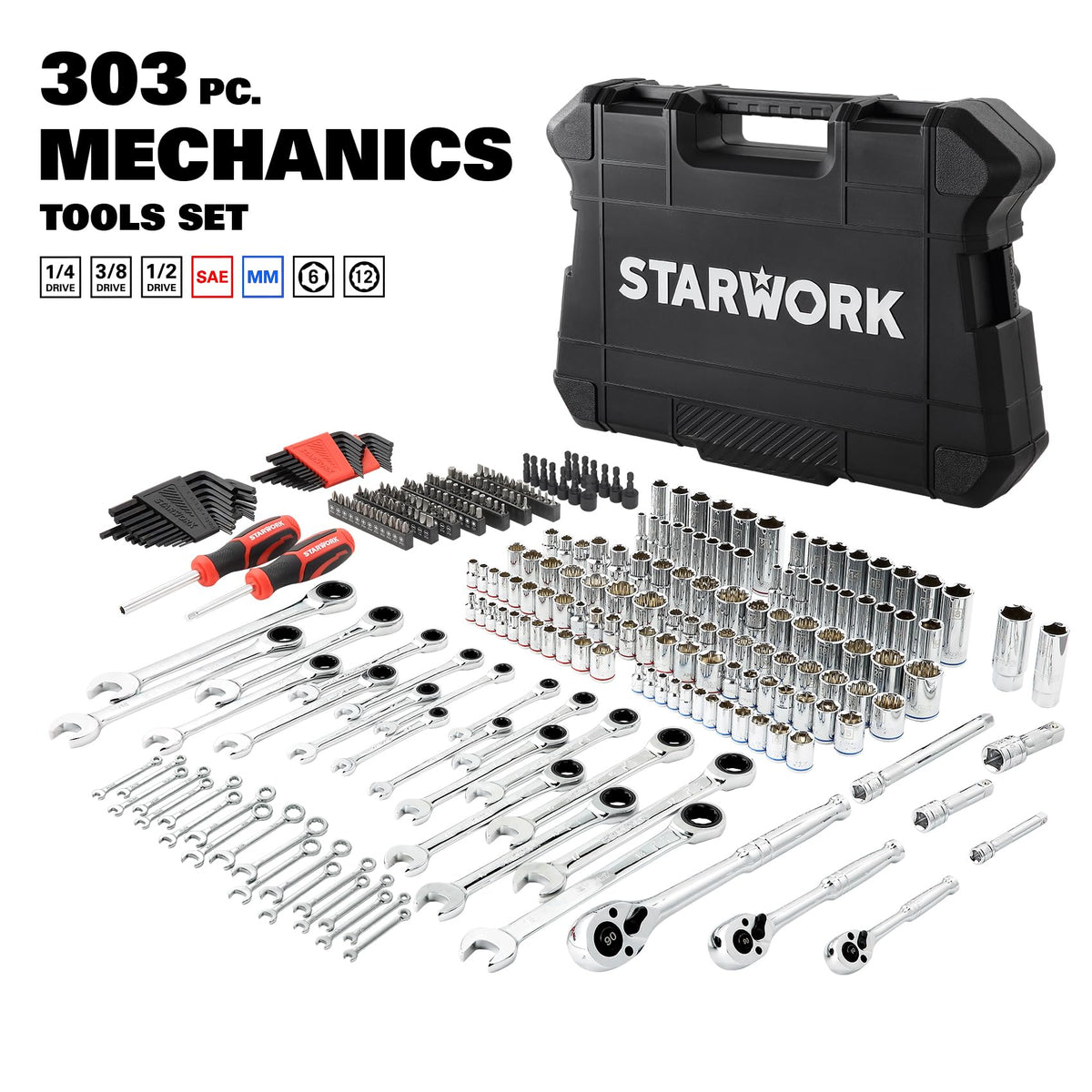 303-Piece Mechanics Tool Set and Socket Set, 1/4", 3/8", 1/2" Drive, SAE/Metric Y58506