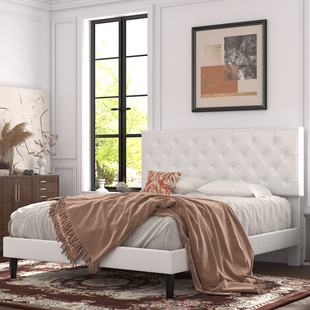 Queen Size Platform Bed Frame with Faux Leather Headboard R95166