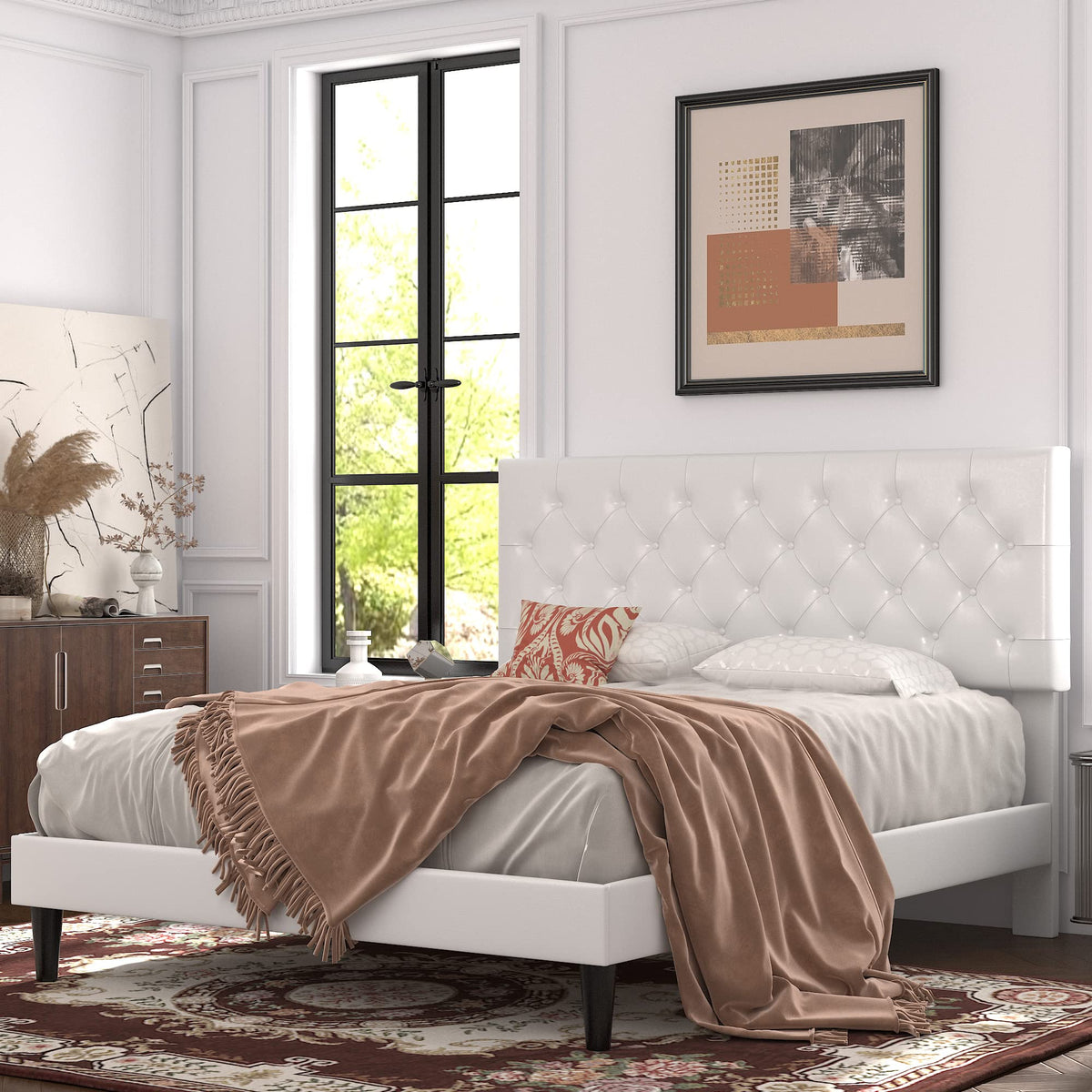Queen Size Platform Bed Frame with Faux Leather Headboard R95166
