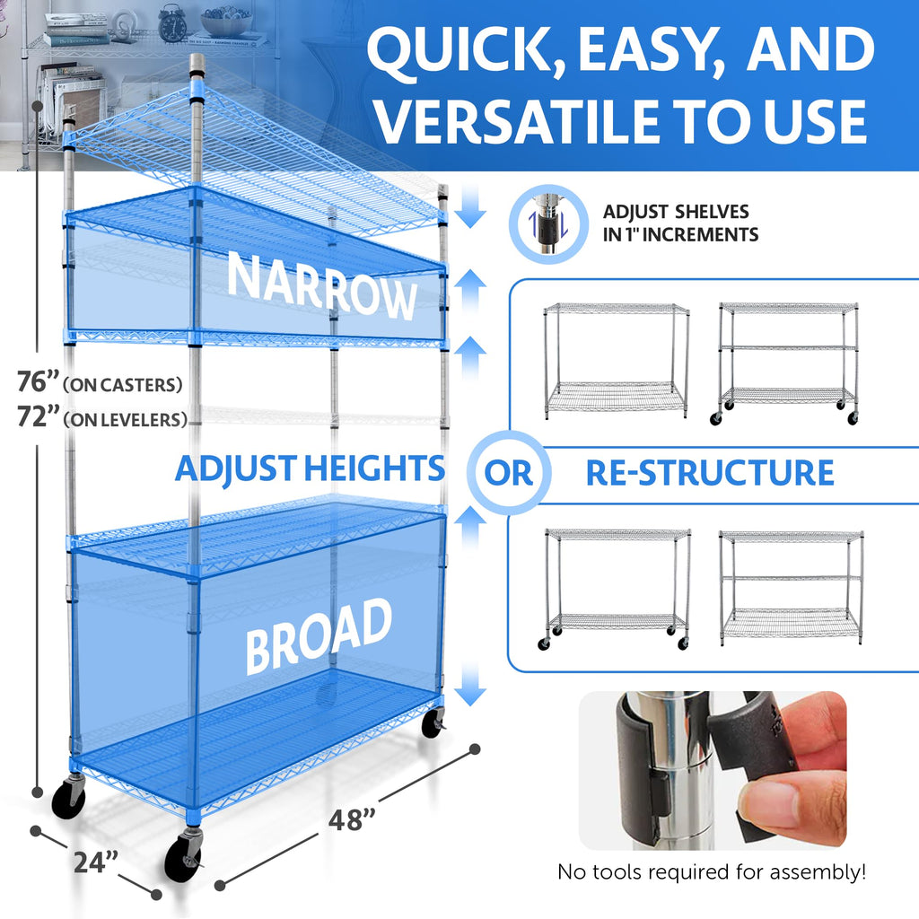 Heavy Duty 5-Tier Chrome Wire Shelving Rack with Casters G2924