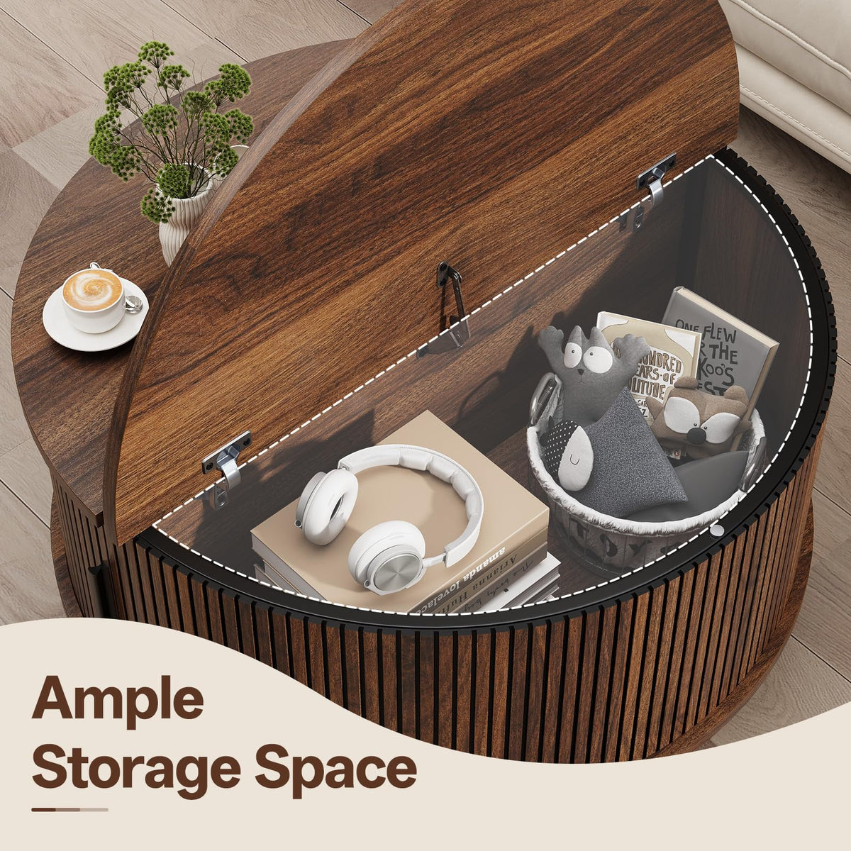 Round Coffee Table with Storage, 31.5", Walnut E1308
