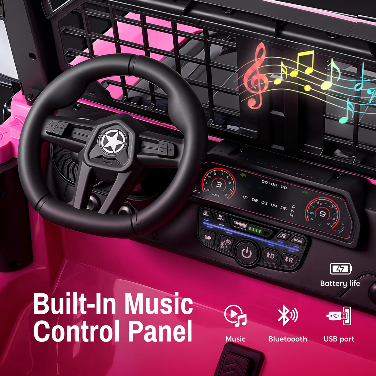 24V 2 Seater Ride On Car with Remote Control, 3 Speed Settings, All-Terrain Tires, LED Lights & Bluetooth Music, Up to 132 lbs, Pink E300985