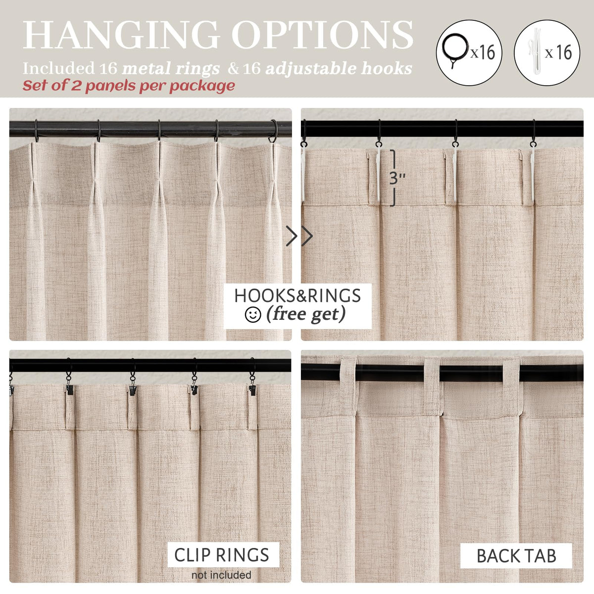 Light Filtering Semi Sheer Linen Curtains 96 Inches 2 Panels Set Z6326