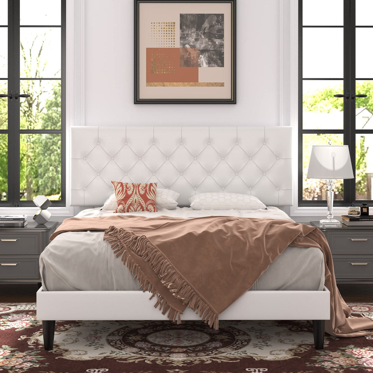 Queen Size Platform Bed Frame with Faux Leather Headboard R95166
