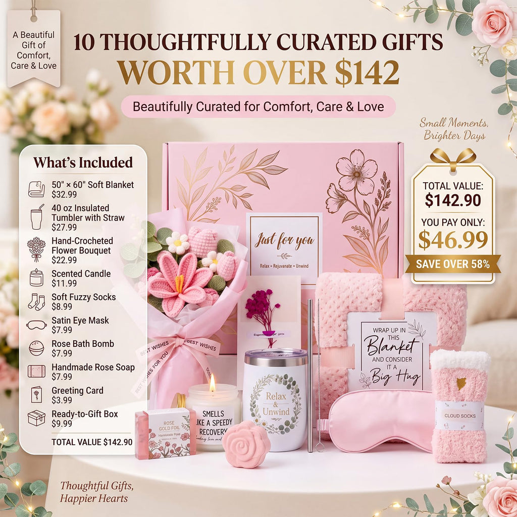 10 PCS Pink Gift Basket with Blanket, Tumbler & Crochet Flowers T620