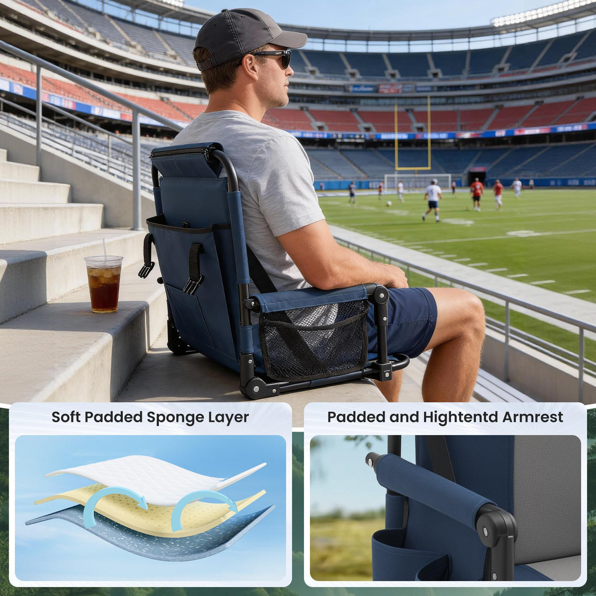 Portable Foldable Bleacher Chair with Cup Holders Blue H658