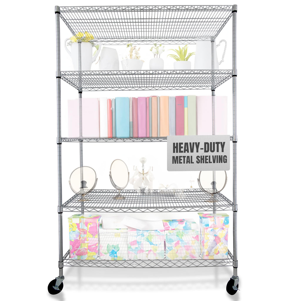 Heavy Duty 5-Tier Chrome Wire Shelving Rack with Casters G2924