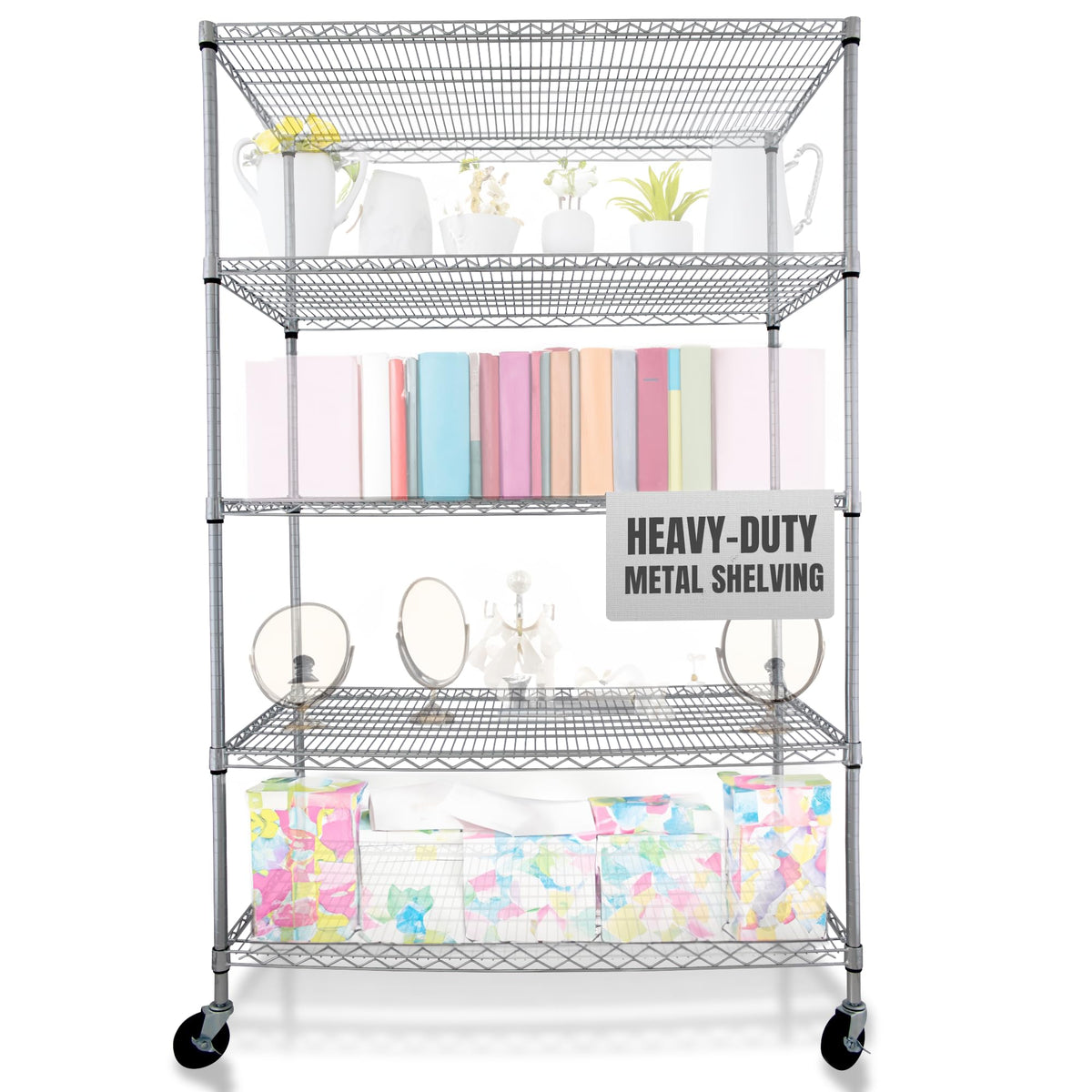 Heavy Duty 5-Tier Chrome Wire Shelving Rack with Casters G2924