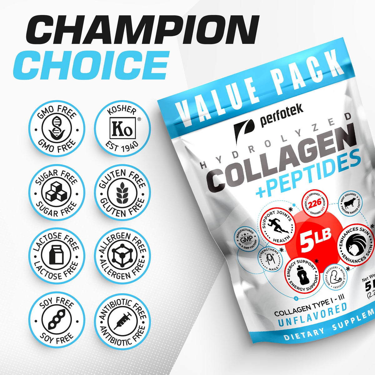 Collagen Powder 5Lb Types I & III Unflavored Hydrolyzed Protein Peptides E878898