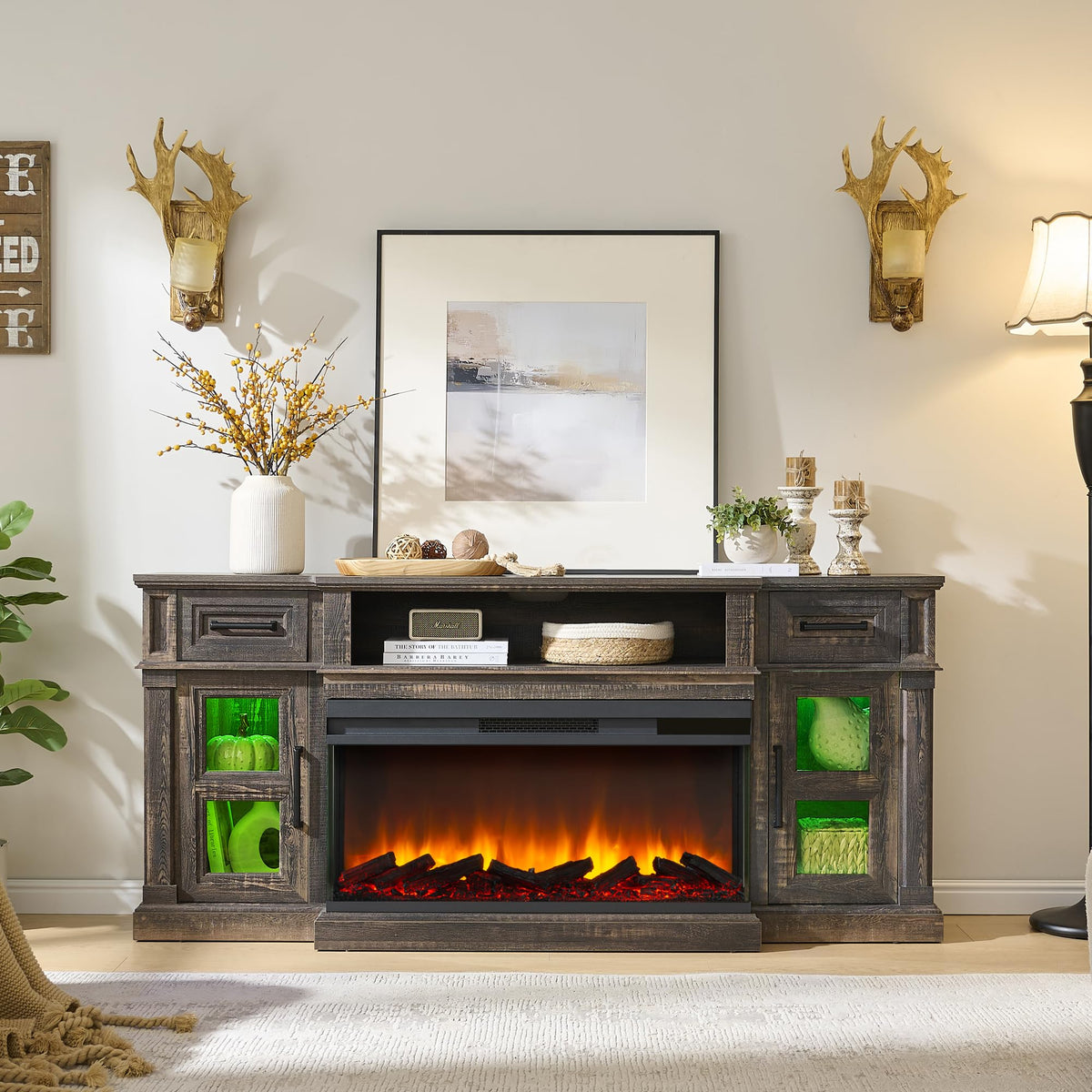 Dark Rustic Oak Fireplace TV Stand with 36 Inch Electric Fireplace X793