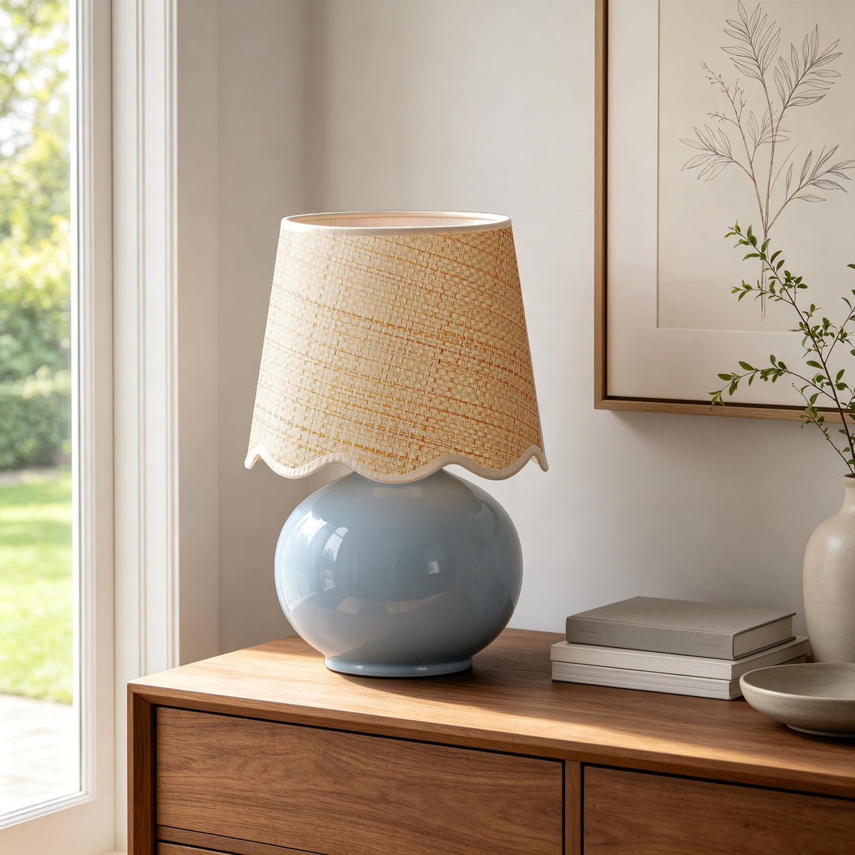 Small Ceramic Table Lamp with Rattan Woven Shade K607
