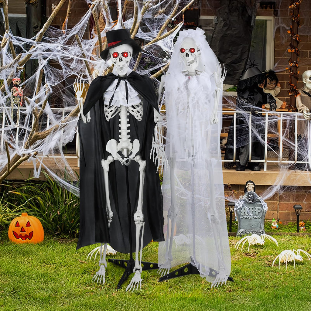 2 Pack Life Size Skeleton Bride and Groom with LED Glowing Eyes and Movable Joints K843085