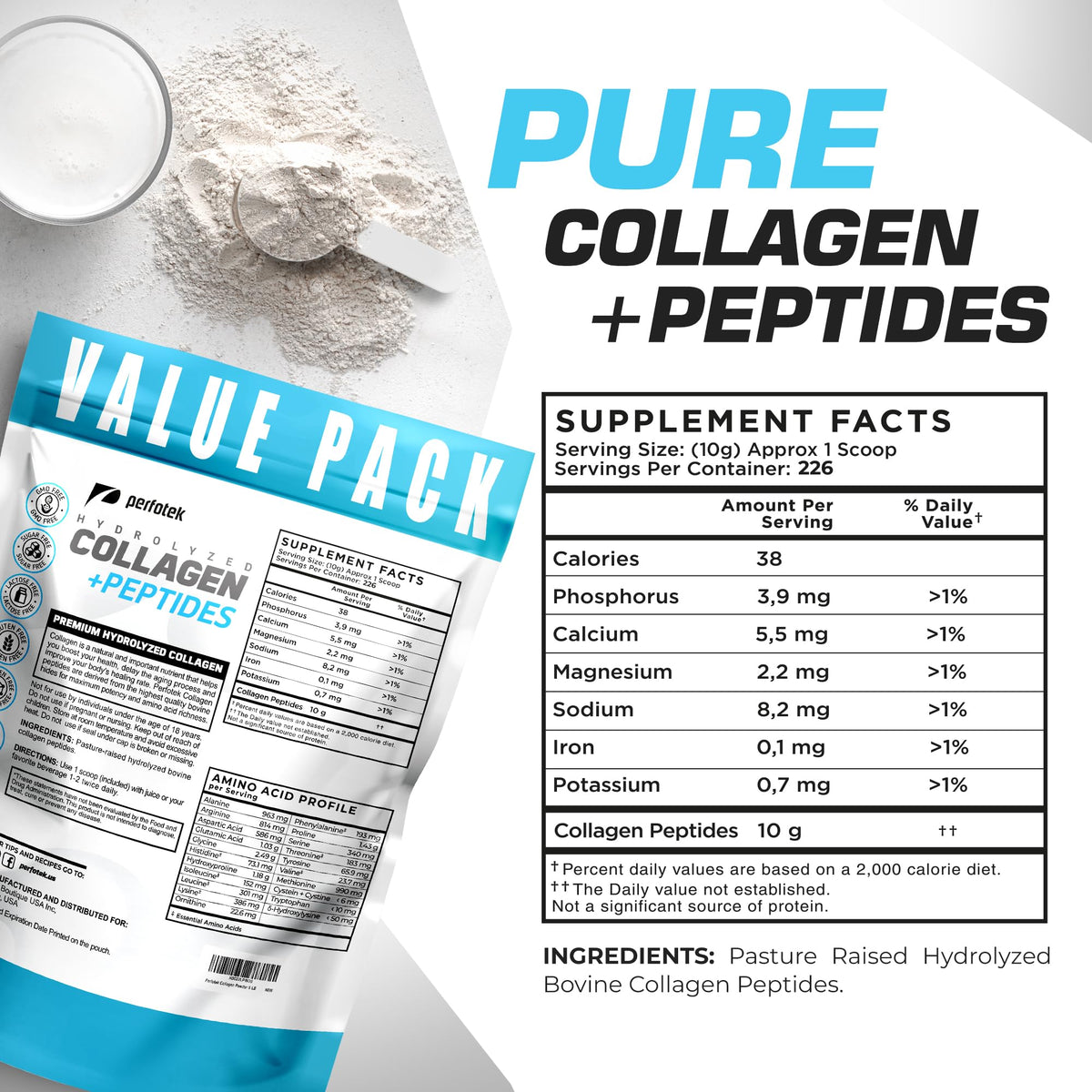 Collagen Powder 5Lb Types I & III Unflavored Hydrolyzed Protein Peptides E878898