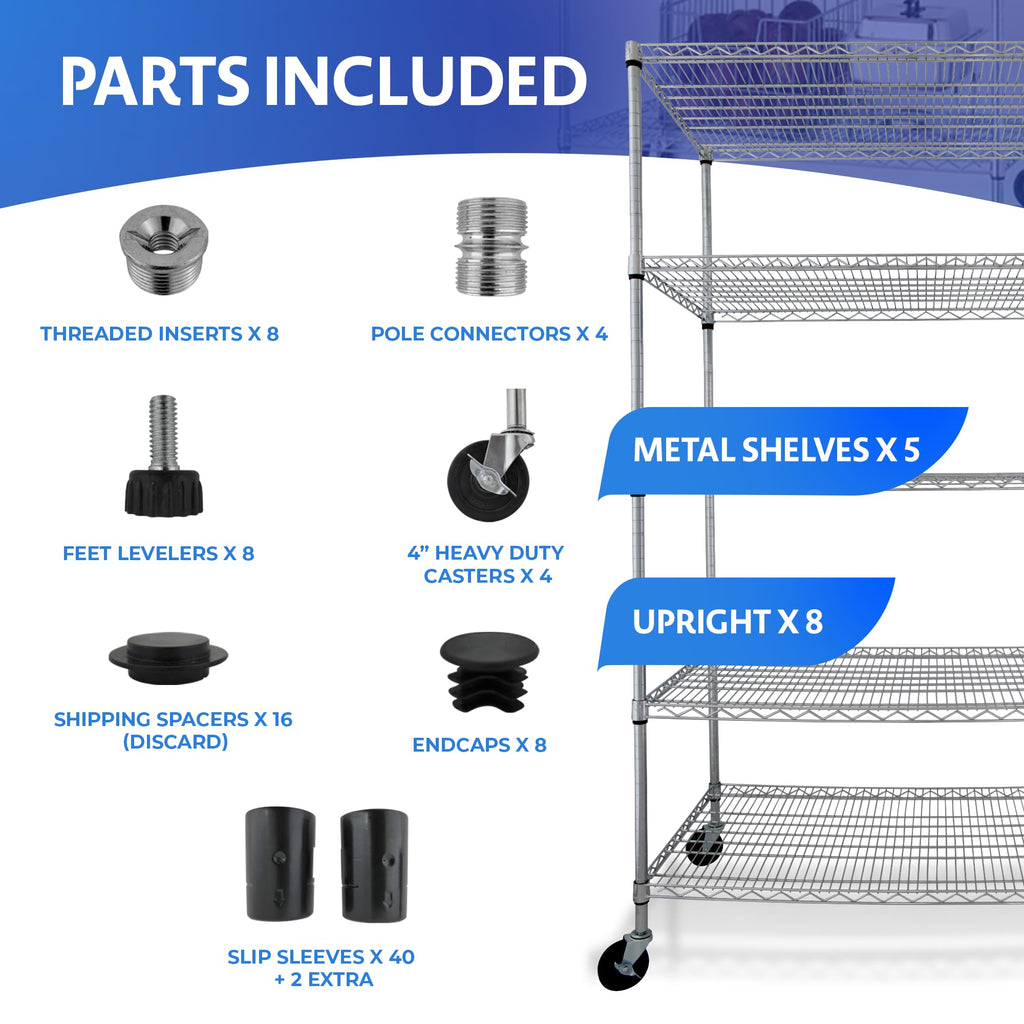 Heavy Duty 5-Tier Chrome Wire Shelving Rack with Casters G2924