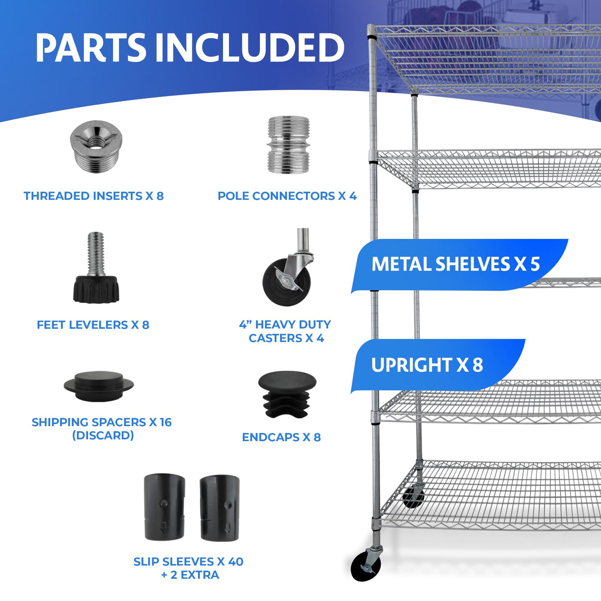 Heavy Duty 5-Tier Chrome Wire Shelving Rack with Casters G2924