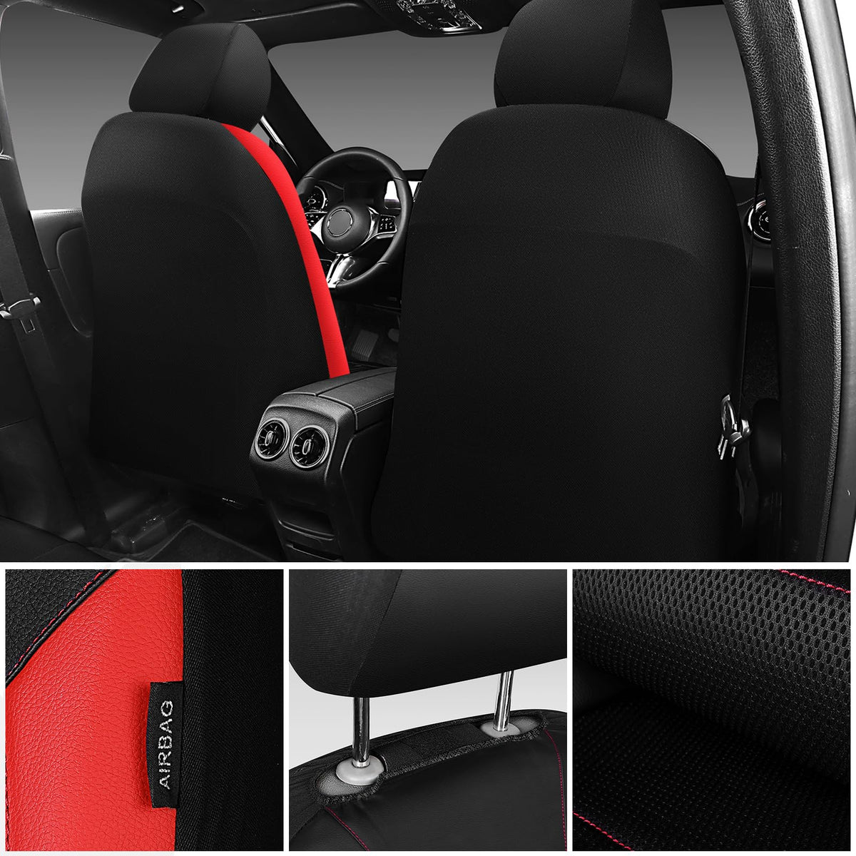 Universal Leather Car Seat Covers Full Set Black Red K65174