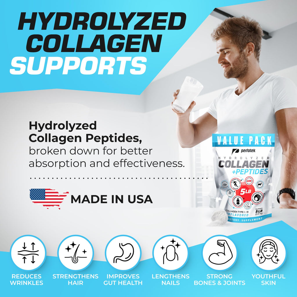 Collagen Powder 5Lb Types I & III Unflavored Hydrolyzed Protein Peptides E878898