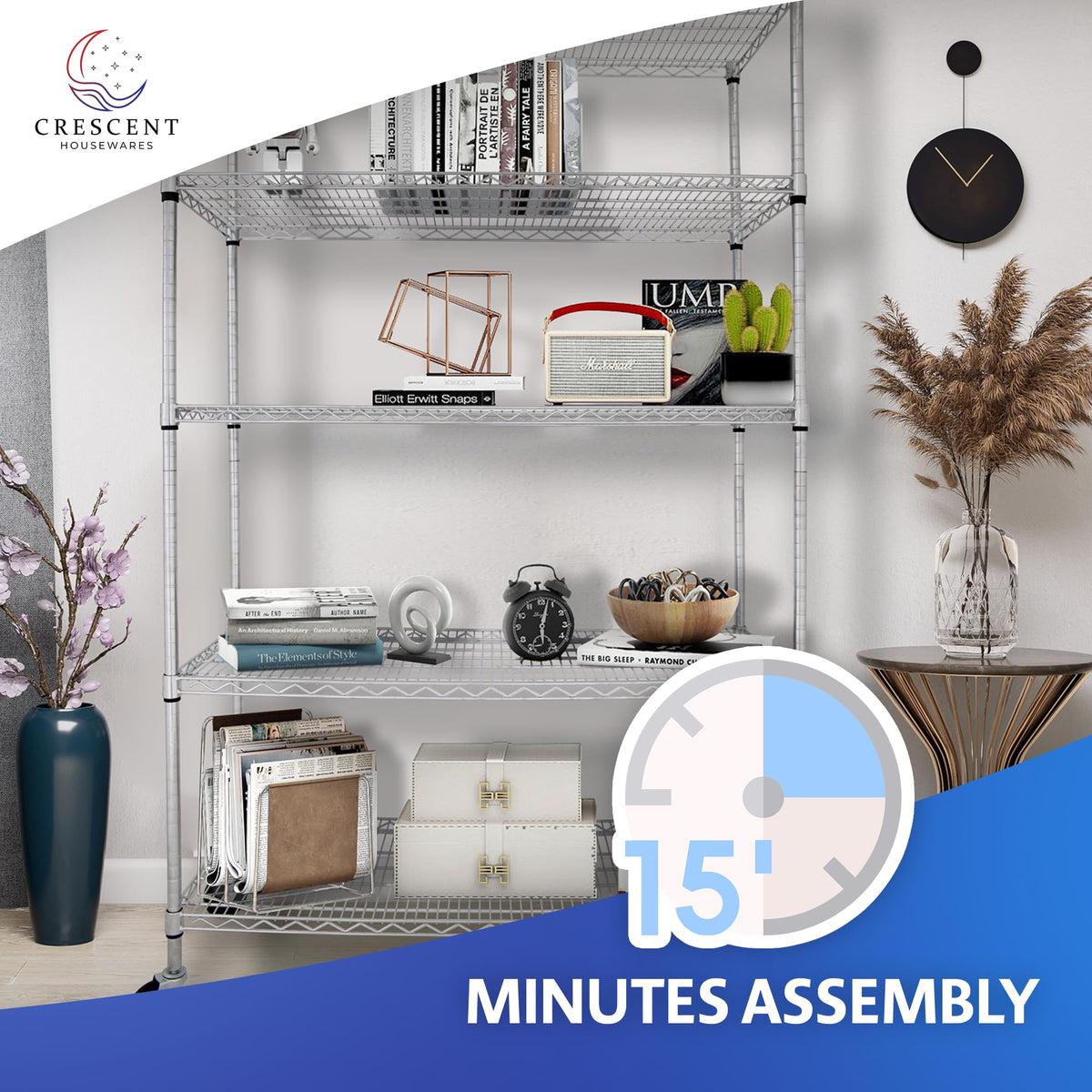 Heavy Duty 5-Tier Chrome Wire Shelving Rack with Casters G2924