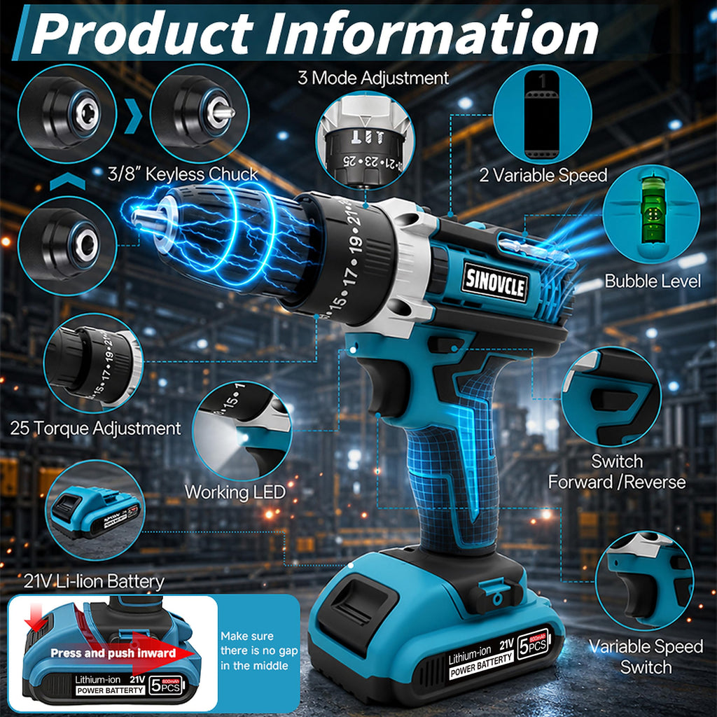 21V Cordless Drill, 2 Batteries, 50Nm Torque, 30-Piece Kit F5950